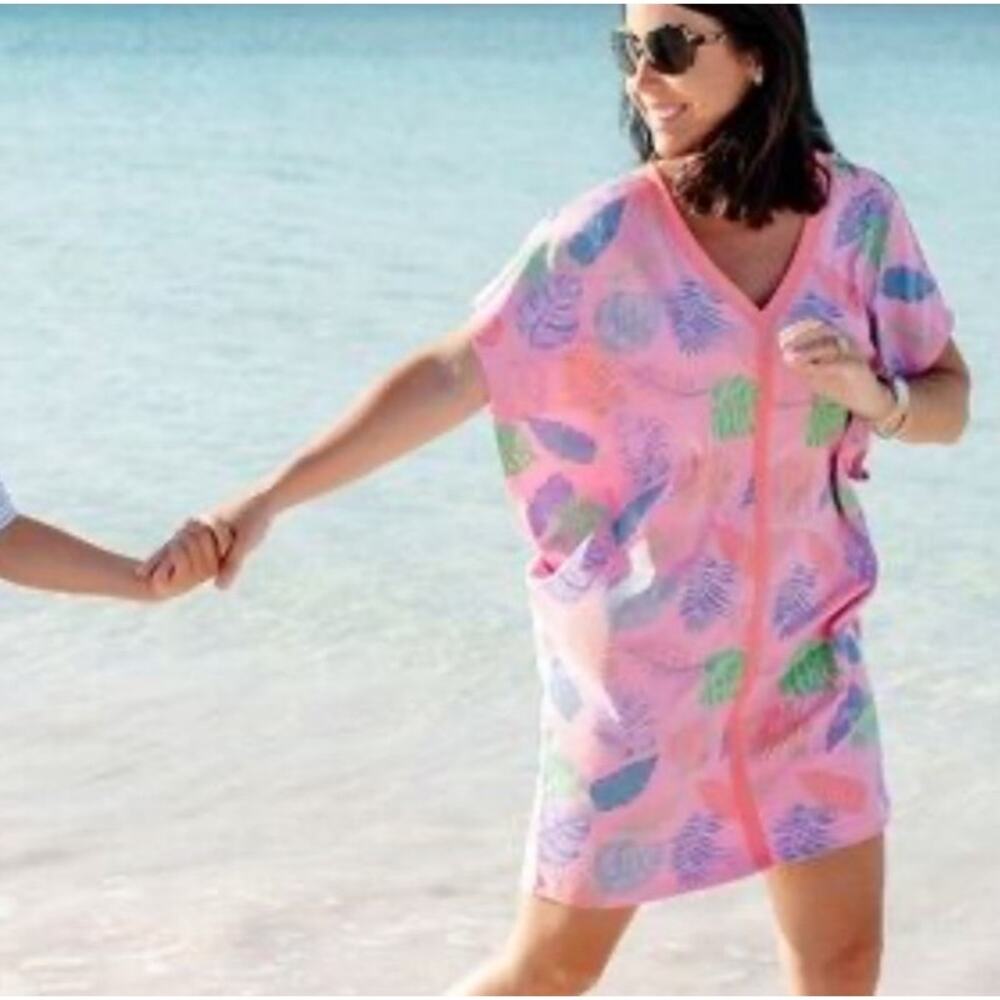 BB BEAUFORT BONNET COMPANY Colada Cover Up Pink Tropical Leaf Beach Pima Cotton
